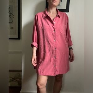 Vintage Pink Long Sleeve Button-down Shirt Dress, Plus Size 2X